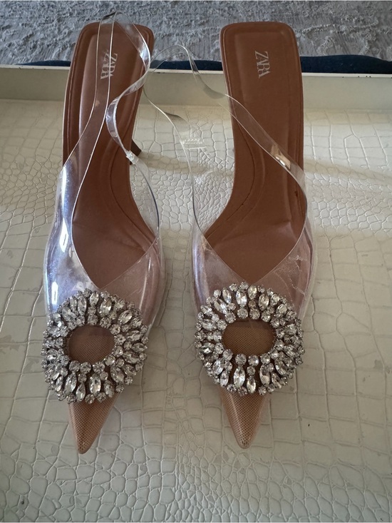 Zara Shoes - Zara Clear Slingback Heels with Brown Insole and Crystal Rosette